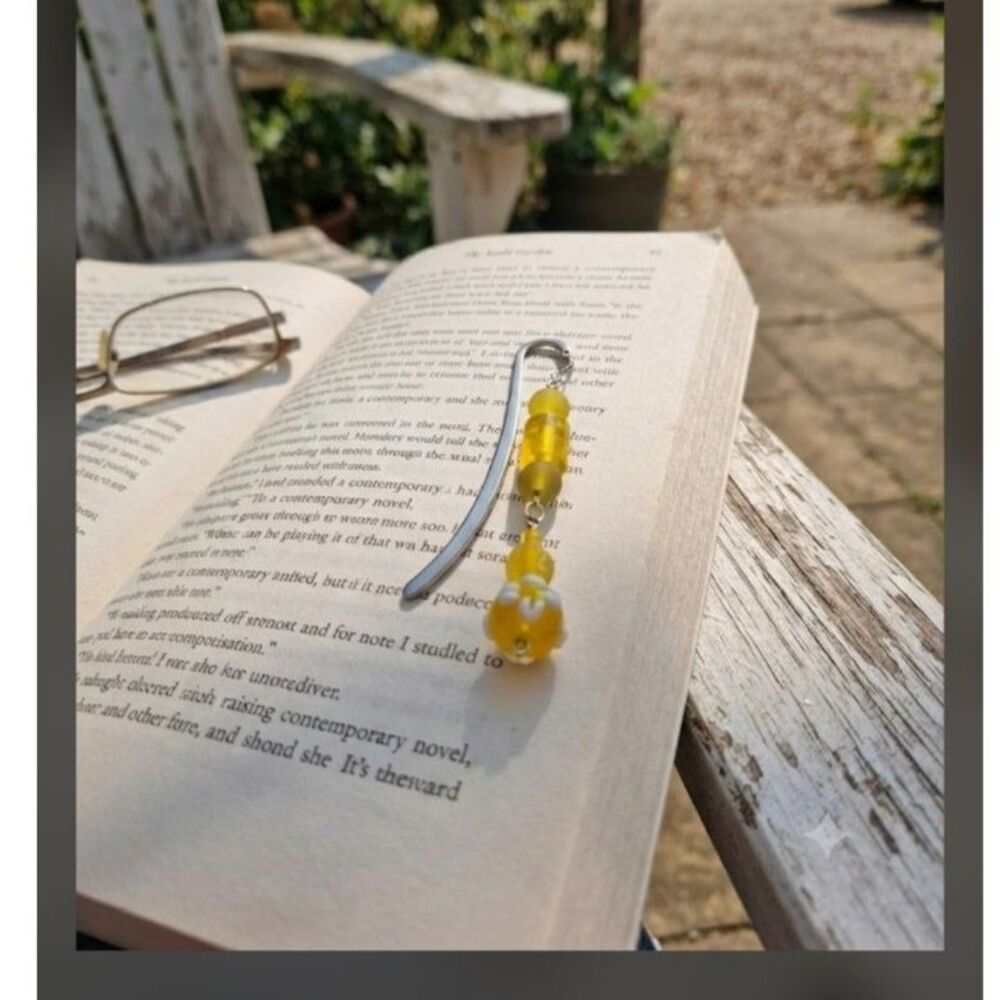 Yellow Glass Beaded Bookmark, Handmade Metal Reader Gift